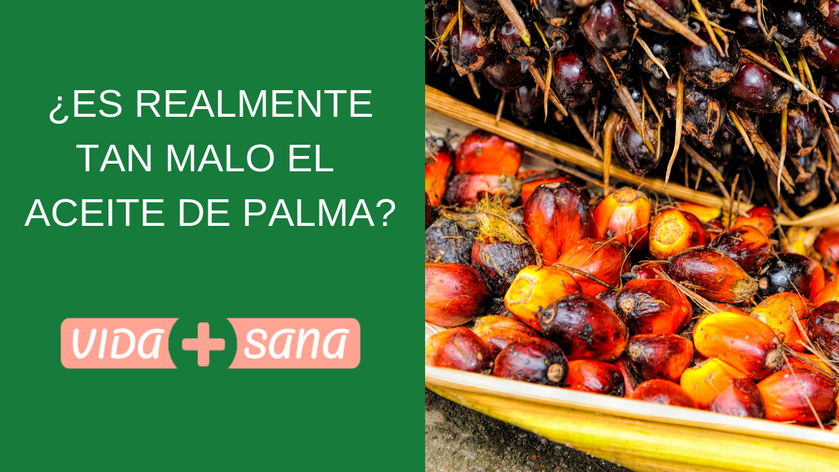 Aceite de Palma, frutos de palma en canastas con texto en español cuestionando su daño