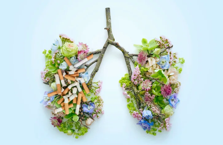 Ramas y flores dispuestas para parecerse a pulmones humanos, con colillas de cigarrillos desechadas en un lado, simbolizando el impacto del tabaquismo en la salud pulmonar