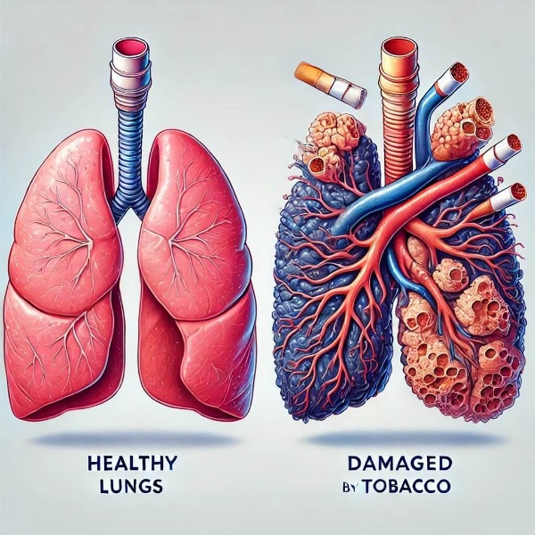 Ilustración que compara pulmones saludables con pulmones dañados por el consumo de tabaco, destacando la regeneración al dejar de fumar.